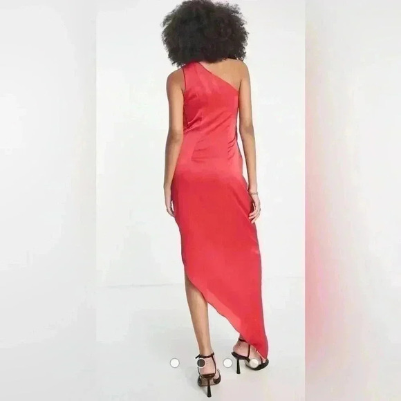 ASOS NWOT satin one-shoulder drape midi dress in red size 8 - Picture 2 of 10